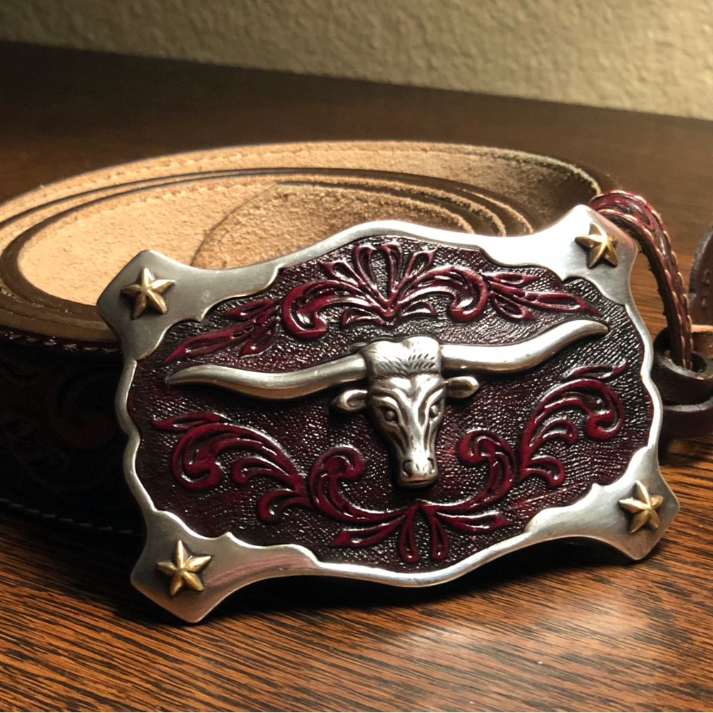 Justin Longhorn Tooled Leather Belt Western C11194 42